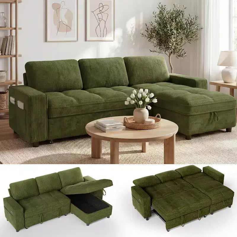 Dyonery Sleeper Sofa Bed, 81 L-Shaped Pull Out Couch Bed with Reversible Storage Chaise/USB Port/Side Pocket/Tool-Free Assembly Corduroy Beige