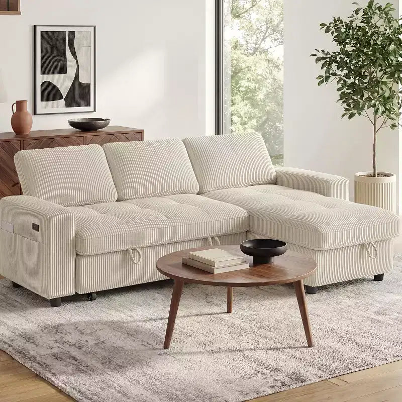 Dyonery Sleeper Sofa Bed, 81 L-Shaped Pull Out Couch Bed with Reversible Storage Chaise/USB Port/Side Pocket/Tool-Free Assembly Corduroy Beige