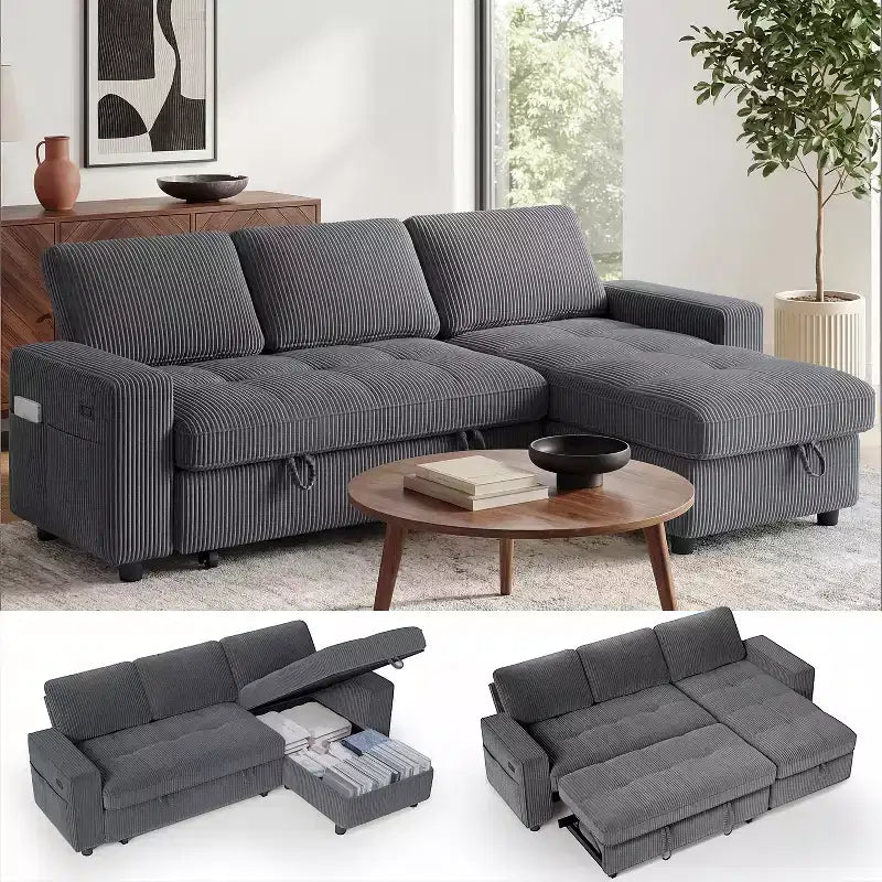 Dyonery Sleeper Sofa Bed, 81 L-Shaped Pull Out Couch Bed with Reversible Storage Chaise/USB Port/Side Pocket/Tool-Free Assembly Corduroy Beige