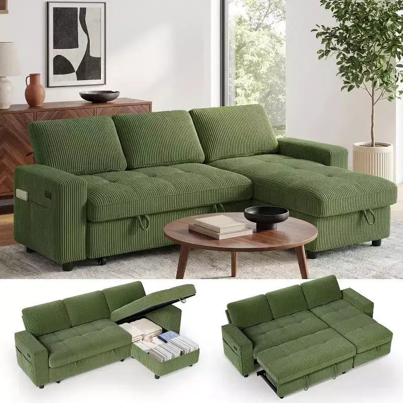 Dyonery Sleeper Sofa Bed, 81 L-Shaped Pull Out Couch Bed with Reversible Storage Chaise/USB Port/Side Pocket/Tool-Free Assembly Corduroy Beige