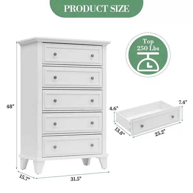 Cassettiera moderna a 5 cassetti in legno alta 122 cm, comò profondo con maniglie in metallo per camera da letto e soggiorno
