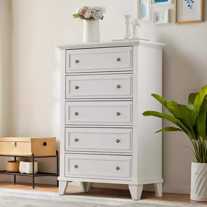 Cassettiera moderna a 5 cassetti in legno alta 122 cm, comò profondo con maniglie in metallo per camera da letto e soggiorno