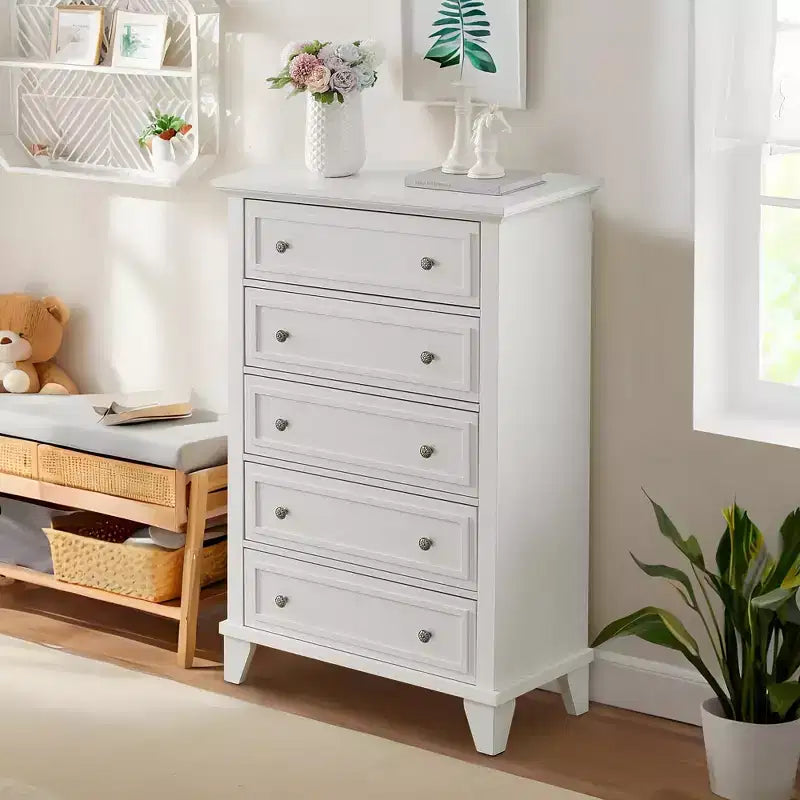 Cassettiera moderna a 5 cassetti in legno alta 122 cm, comò profondo con maniglie in metallo per camera da letto e soggiorno