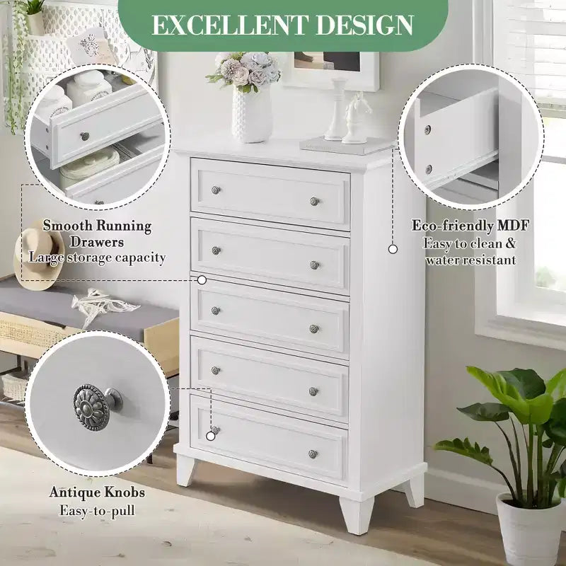 Cassettiera moderna a 5 cassetti in legno alta 122 cm, comò profondo con maniglie in metallo per camera da letto e soggiorno