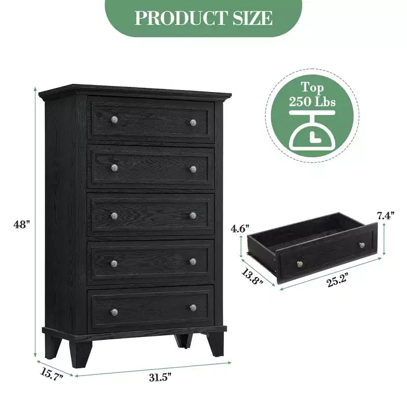 Cassettiera moderna a 5 cassetti in legno alta 122 cm, comò profondo con maniglie in metallo per camera da letto e soggiorno