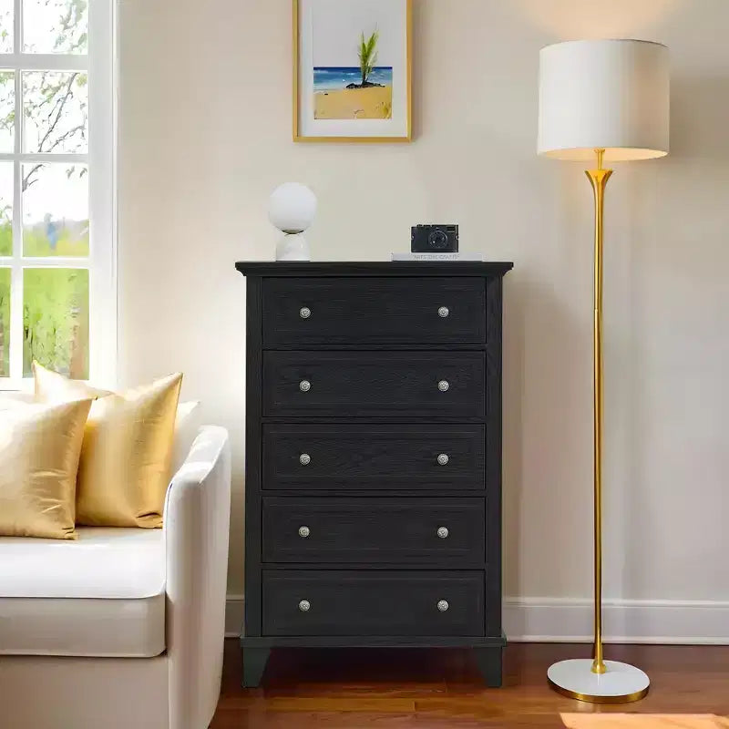 Cassettiera moderna a 5 cassetti in legno alta 122 cm, comò profondo con maniglie in metallo per camera da letto e soggiorno