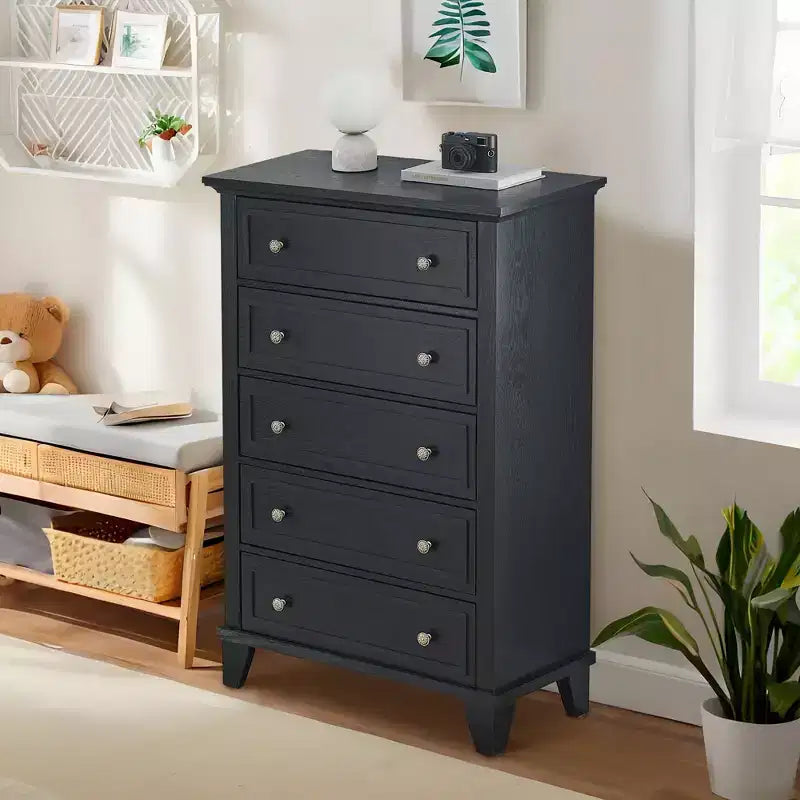 Cassettiera moderna a 5 cassetti in legno alta 122 cm, comò profondo con maniglie in metallo per camera da letto e soggiorno