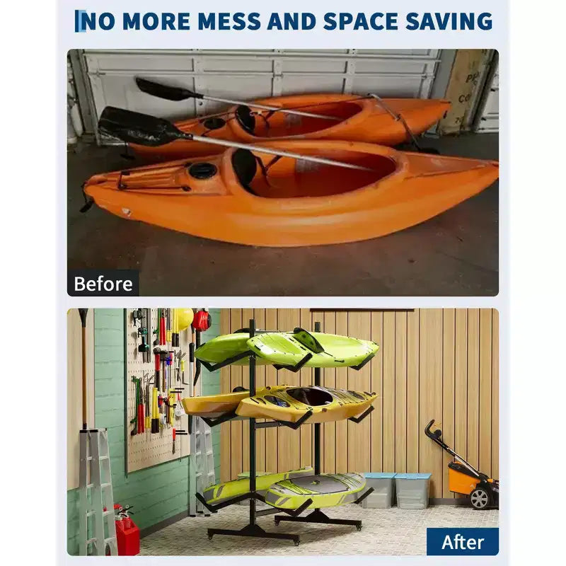 Heavy-Duty Freestanding Kayak Storage Rack Adjustable Steel Holder, Movable Wheels, Hanging Straps Multi-Kayak Stand S Type