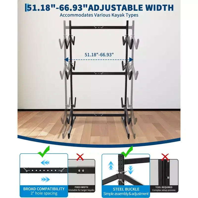 Heavy-Duty Freestanding Kayak Storage Rack Adjustable Steel Holder, Movable Wheels, Hanging Straps Multi-Kayak Stand S Type