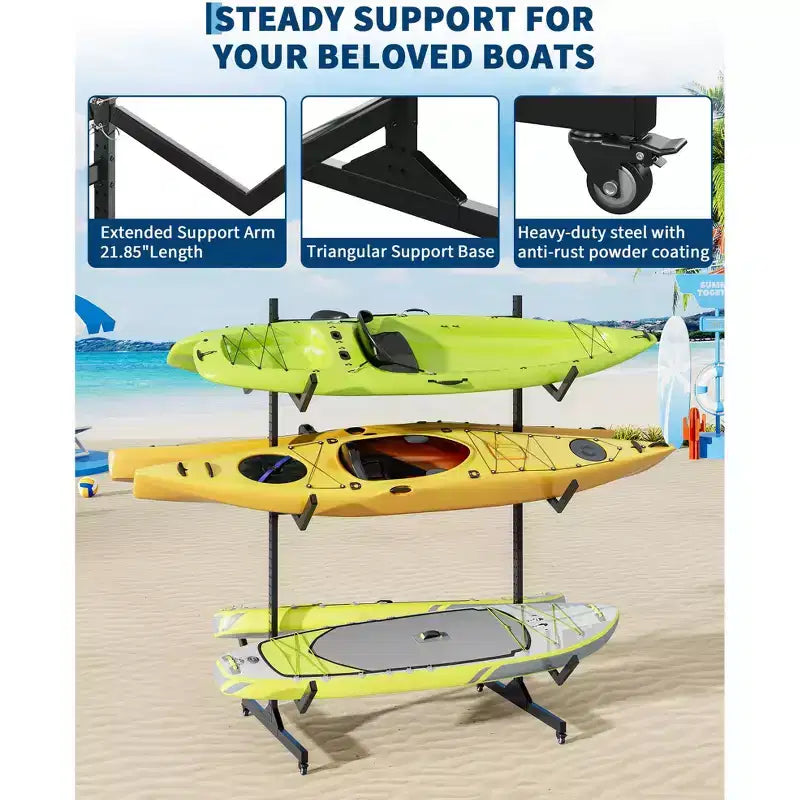 Heavy-Duty Freestanding Kayak Storage Rack Adjustable Steel Holder, Movable Wheels, Hanging Straps Multi-Kayak Stand S Type