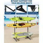 Heavy-Duty Freestanding Kayak Storage Rack Adjustable Steel Holder, Movable Wheels, Hanging Straps Multi-Kayak Stand S Type
