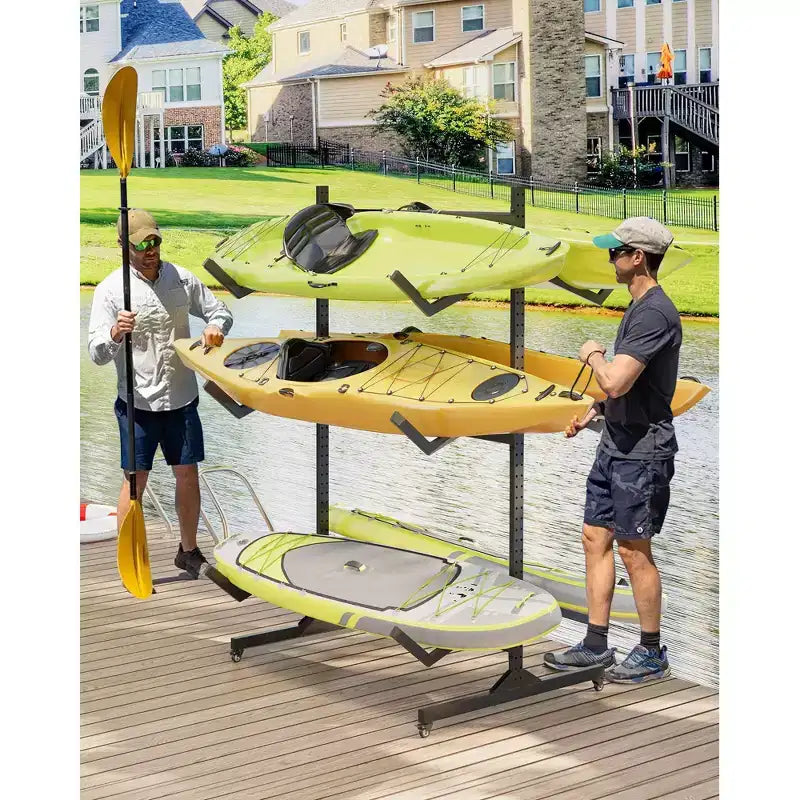 Heavy-Duty Freestanding Kayak Storage Rack Adjustable Steel Holder, Movable Wheels, Hanging Straps Multi-Kayak Stand S Type