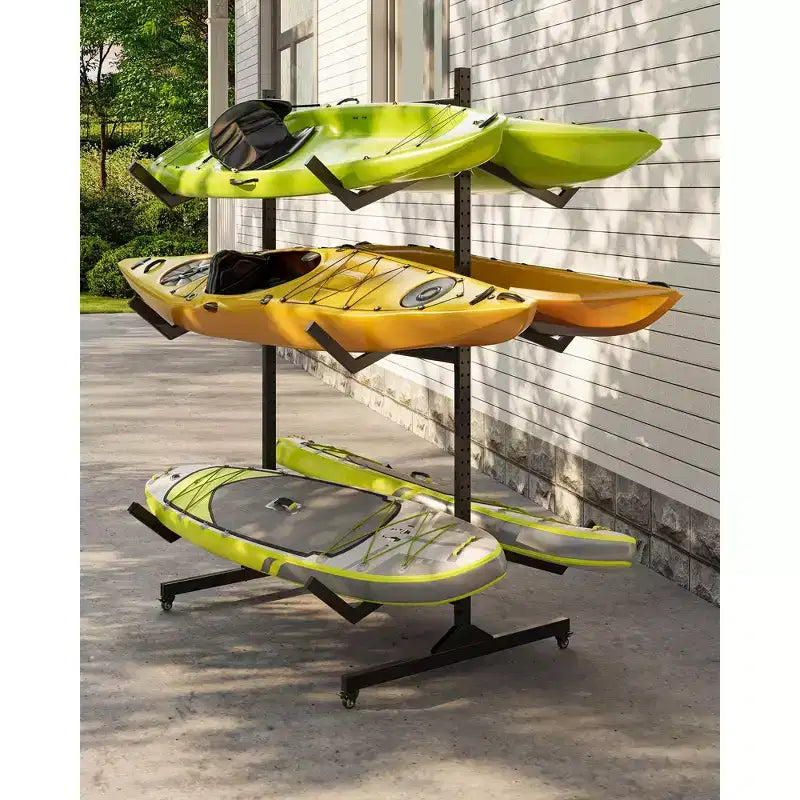 Heavy-Duty Freestanding Kayak Storage Rack Adjustable Steel Holder, Movable Wheels, Hanging Straps Multi-Kayak Stand S Type