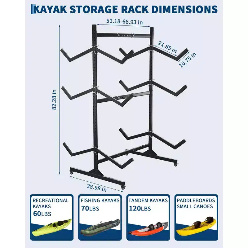 Heavy-Duty Freestanding Kayak Storage Rack Adjustable Steel Holder, Movable Wheels, Hanging Straps Multi-Kayak Stand S Type