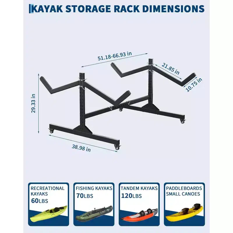 Heavy-Duty Freestanding Kayak Storage Rack Adjustable Steel Holder, Movable Wheels, Hanging Straps Multi-Kayak Stand S Type
