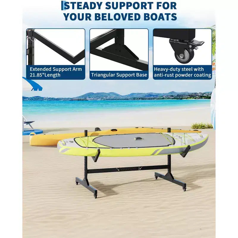Heavy-Duty Freestanding Kayak Storage Rack Adjustable Steel Holder, Movable Wheels, Hanging Straps Multi-Kayak Stand S Type