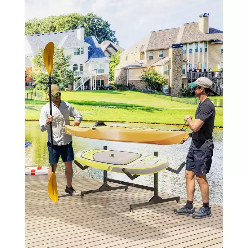Heavy-Duty Freestanding Kayak Storage Rack Adjustable Steel Holder, Movable Wheels, Hanging Straps Multi-Kayak Stand S Type