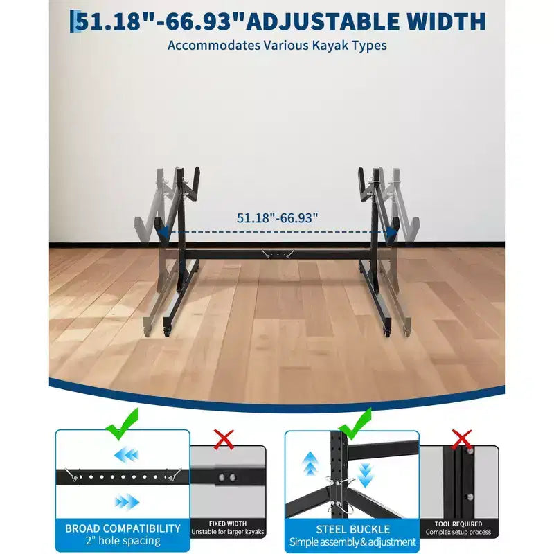 Heavy-Duty Freestanding Kayak Storage Rack Adjustable Steel Holder, Movable Wheels, Hanging Straps Multi-Kayak Stand S Type