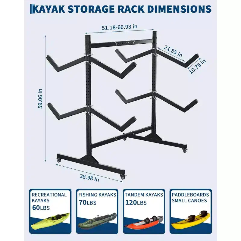 Heavy-Duty Freestanding Kayak Storage Rack Adjustable Steel Holder, Movable Wheels, Hanging Straps Multi-Kayak Stand S Type