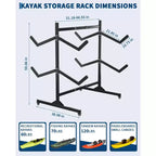 Heavy-Duty Freestanding Kayak Storage Rack Adjustable Steel Holder, Movable Wheels, Hanging Straps Multi-Kayak Stand S Type