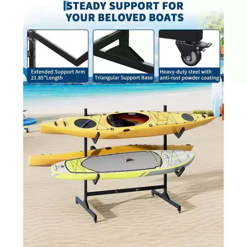 Heavy-Duty Freestanding Kayak Storage Rack Adjustable Steel Holder, Movable Wheels, Hanging Straps Multi-Kayak Stand S Type
