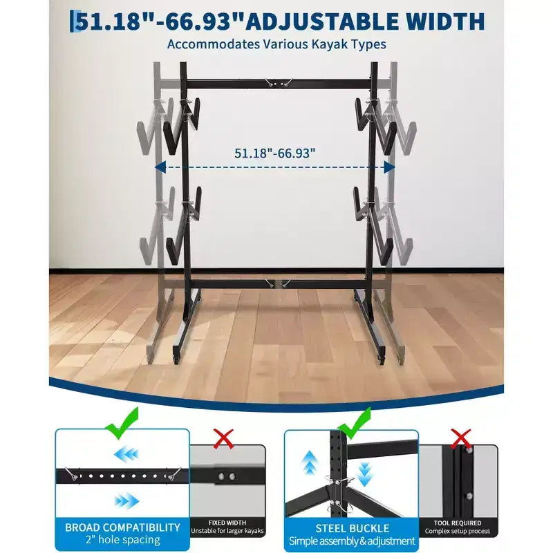Heavy-Duty Freestanding Kayak Storage Rack Adjustable Steel Holder, Movable Wheels, Hanging Straps Multi-Kayak Stand S Type