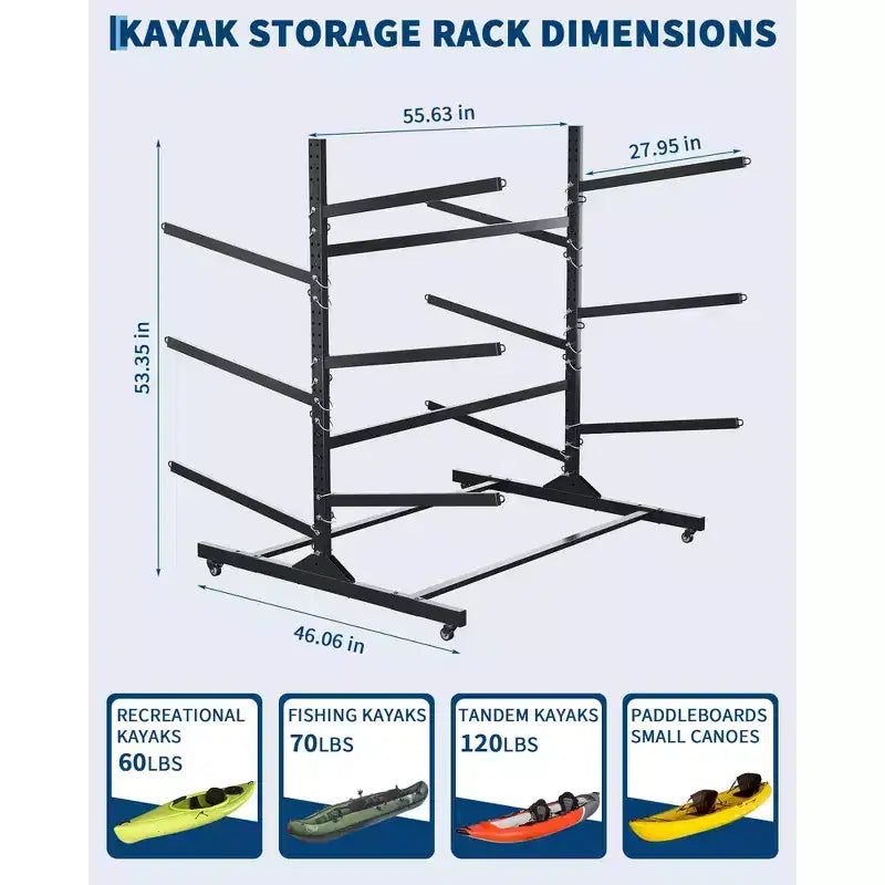 Porta Kayak Super Resistente con Ruote Bloccabili per Kayak, Canoe, Tavole da Surf e Paddleboard con Ripiani Rimovibili