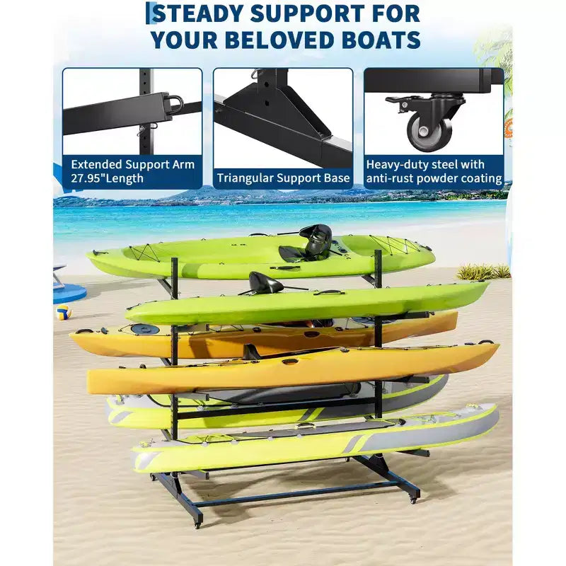Porta Kayak Super Resistente con Ruote Bloccabili per Kayak, Canoe, Tavole da Surf e Paddleboard con Ripiani Rimovibili