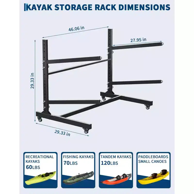 Porta Kayak Super Resistente con Ruote Bloccabili per Kayak, Canoe, Tavole da Surf e Paddleboard con Ripiani Rimovibili