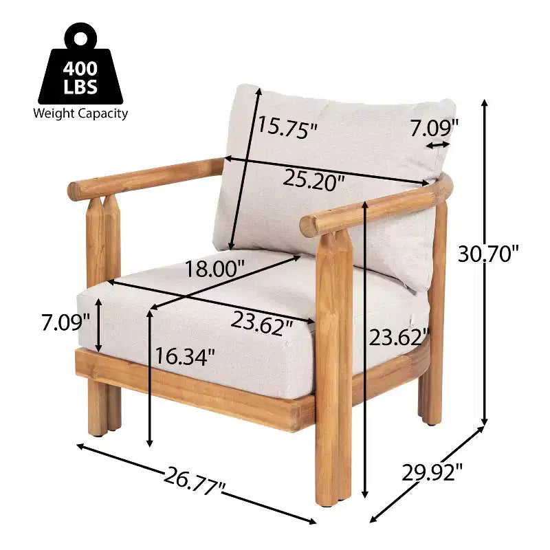 ModernLuxe Patio Accent Chair Outdoor Club Chair Armchair with Soft Cushion & Weather-Resistant Acacia Wood Frame, Beige & Light Teak