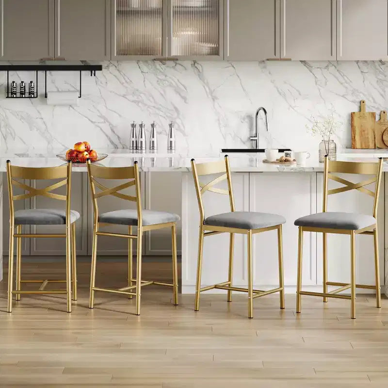 Set of 6 Counter Height Dining Bar Stools 26 Metal Frame Chairs with Ergonomic Straight Back, Thick PU Leather Upholstered Waterproof Cushions