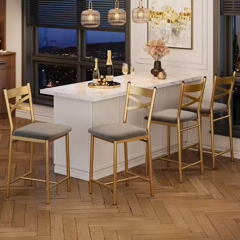 Set of 6 Counter Height Dining Bar Stools 26 Metal Frame Chairs with Ergonomic Straight Back, Thick PU Leather Upholstered Waterproof Cushions