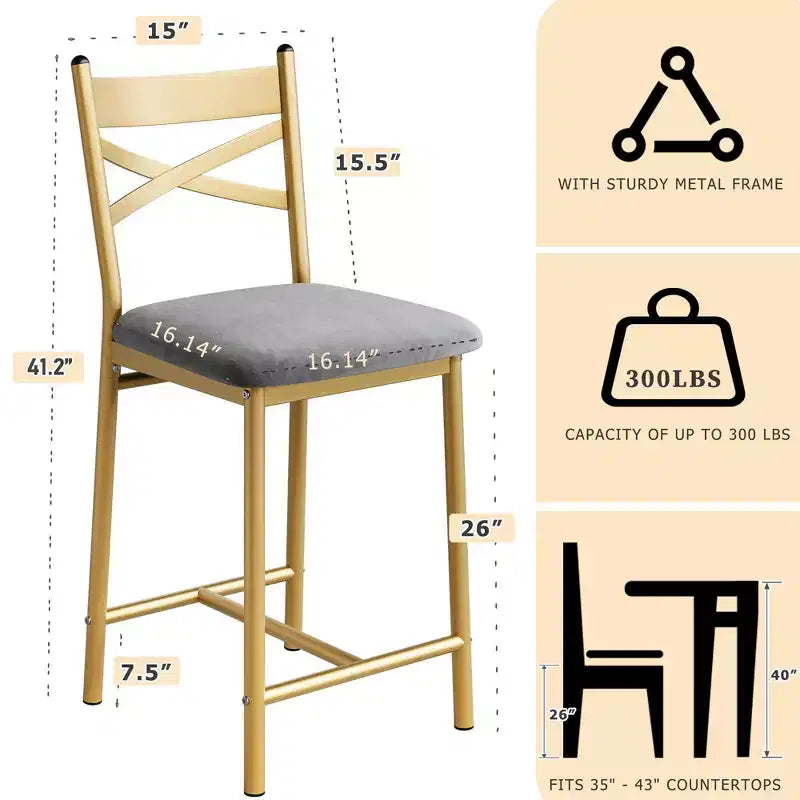 Set of 6 Counter Height Dining Bar Stools 26 Metal Frame Chairs with Ergonomic Straight Back, Thick PU Leather Upholstered Waterproof Cushions