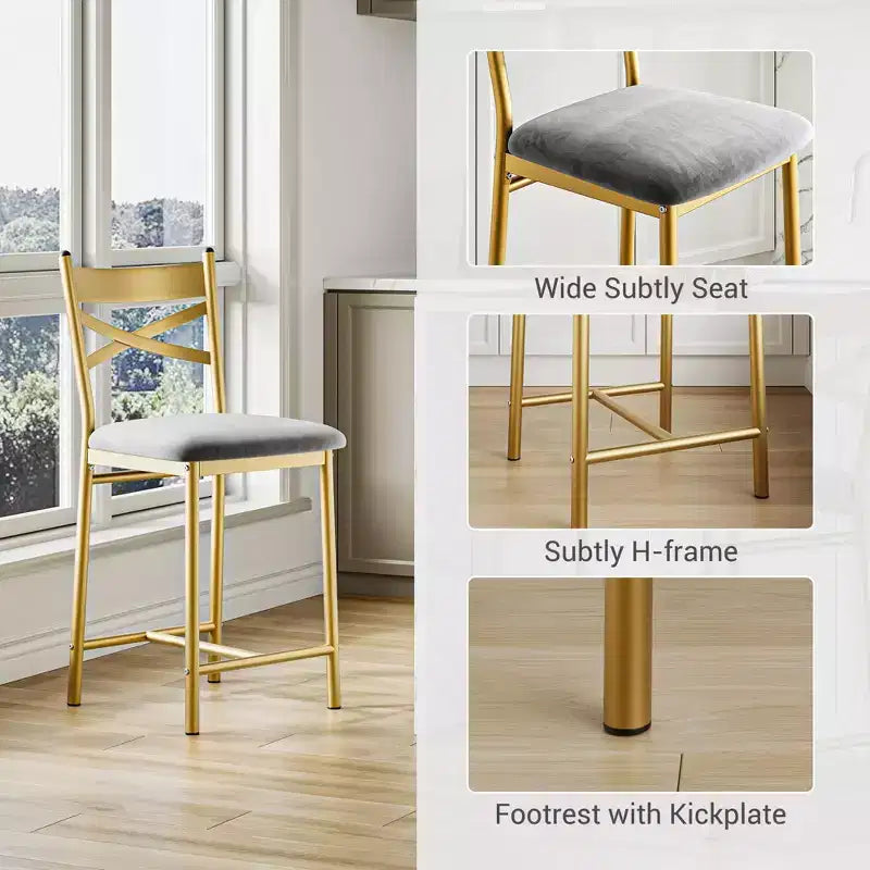 Set of 6 Counter Height Dining Bar Stools 26 Metal Frame Chairs with Ergonomic Straight Back, Thick PU Leather Upholstered Waterproof Cushions