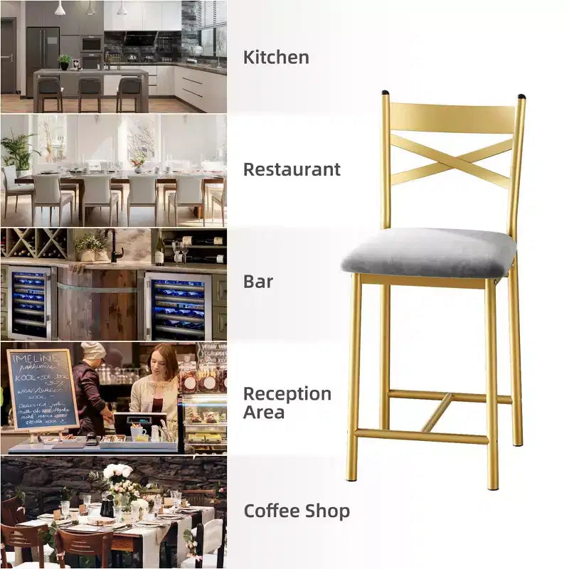 Set of 6 Counter Height Dining Bar Stools 26 Metal Frame Chairs with Ergonomic Straight Back, Thick PU Leather Upholstered Waterproof Cushions