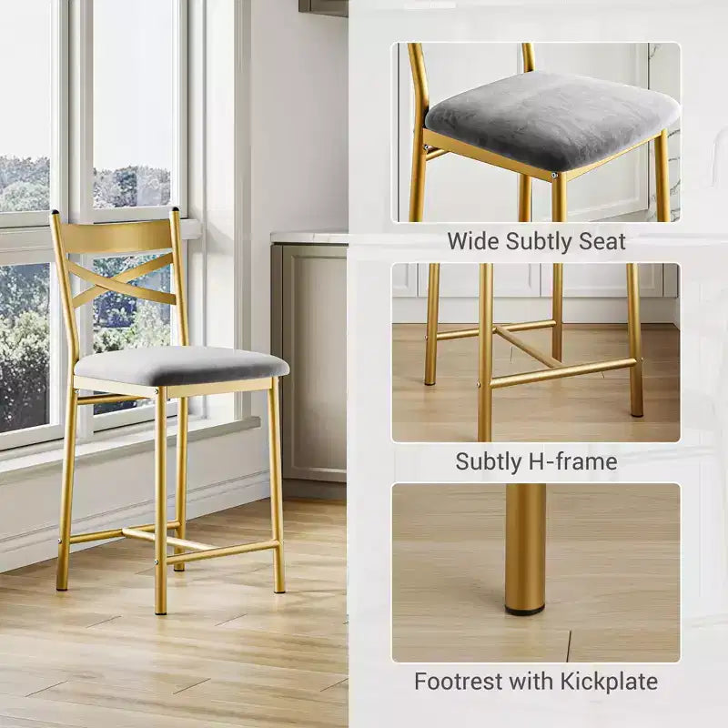 Set of 6 Counter Height Dining Bar Stools 26 Metal Frame Chairs with Ergonomic Straight Back, Thick PU Leather Upholstered Waterproof Cushions