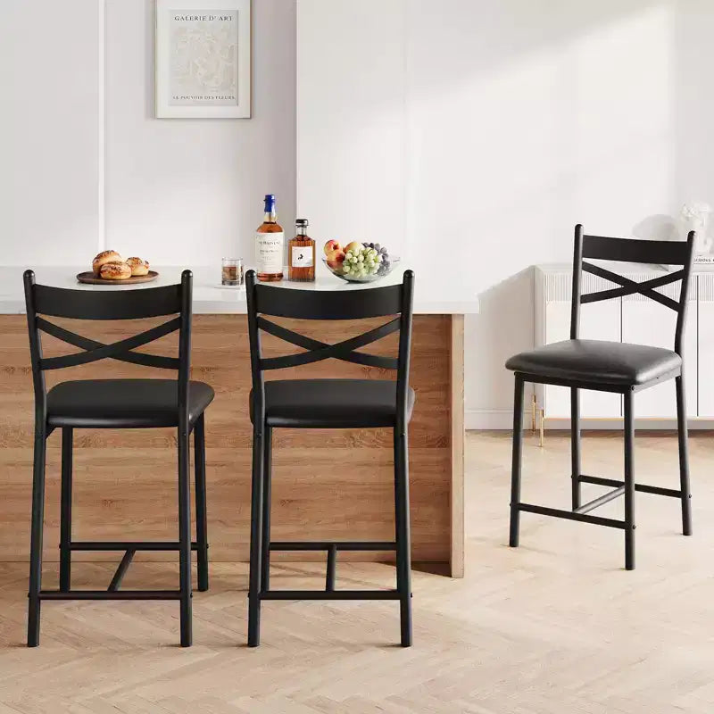 Set of 6 Counter Height Dining Bar Stools 26 Metal Frame Chairs with Ergonomic Straight Back, Thick PU Leather Upholstered Waterproof Cushions