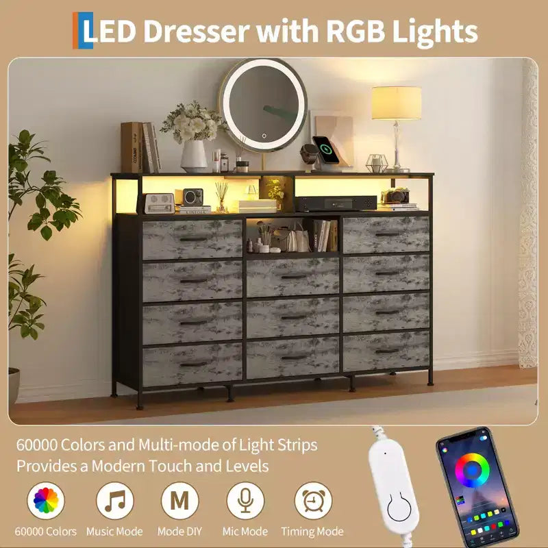 11-Drawer Fabric Dresser with Lights & Charging Station, Wood Top Chest of Drawers with Open Shelves, Storage Organizer for Bedroom