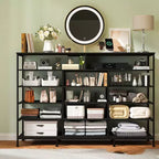 11-Drawer Fabric Dresser with Lights & Charging Station, Wood Top Chest of Drawers with Open Shelves, Storage Organizer for Bedroom