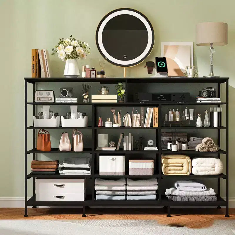 11-Drawer Fabric Dresser with Lights & Charging Station, Wood Top Chest of Drawers with Open Shelves, Storage Organizer for Bedroom