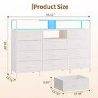 11-Drawer Fabric Dresser with Lights & Charging Station, Wood Top Chest of Drawers with Open Shelves, Storage Organizer for Bedroom
