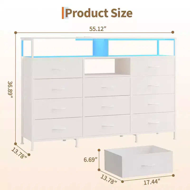 11-Drawer Fabric Dresser with Lights & Charging Station, Wood Top Chest of Drawers with Open Shelves, Storage Organizer for Bedroom