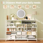 11-Drawer Fabric Dresser with Lights & Charging Station, Wood Top Chest of Drawers with Open Shelves, Storage Organizer for Bedroom