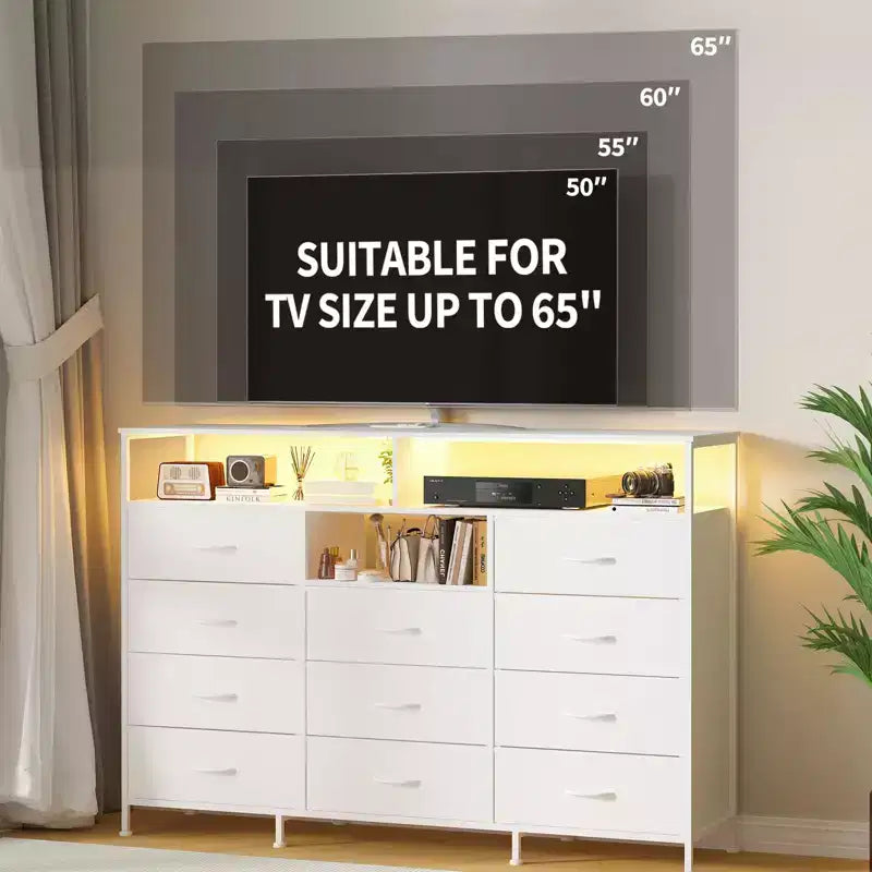 11-Drawer Fabric Dresser with Lights & Charging Station, Wood Top Chest of Drawers with Open Shelves, Storage Organizer for Bedroom