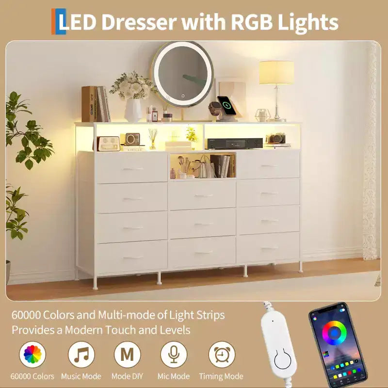 11-Drawer Fabric Dresser with Lights & Charging Station, Wood Top Chest of Drawers with Open Shelves, Storage Organizer for Bedroom