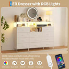 11-Drawer Fabric Dresser with Lights & Charging Station, Wood Top Chest of Drawers with Open Shelves, Storage Organizer for Bedroom
