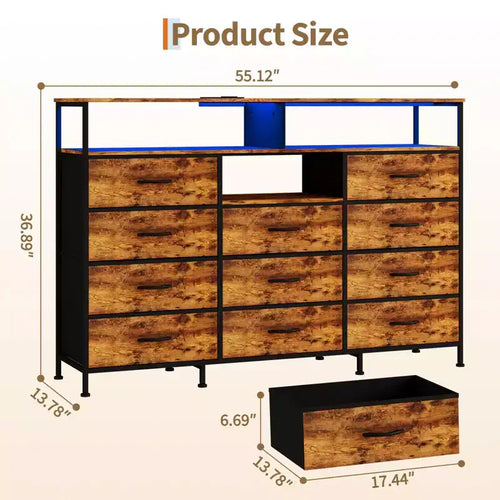 11-Drawer Fabric Dresser with Lights & Charging Station, Wood Top Chest of Drawers with Open Shelves, Storage Organizer for Bedroom