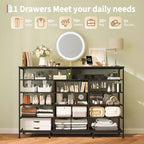 11-Drawer Fabric Dresser with Lights & Charging Station, Wood Top Chest of Drawers with Open Shelves, Storage Organizer for Bedroom