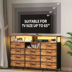 11-Drawer Fabric Dresser with Lights & Charging Station, Wood Top Chest of Drawers with Open Shelves, Storage Organizer for Bedroom