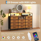 11-Drawer Fabric Dresser with Lights & Charging Station, Wood Top Chest of Drawers with Open Shelves, Storage Organizer for Bedroom